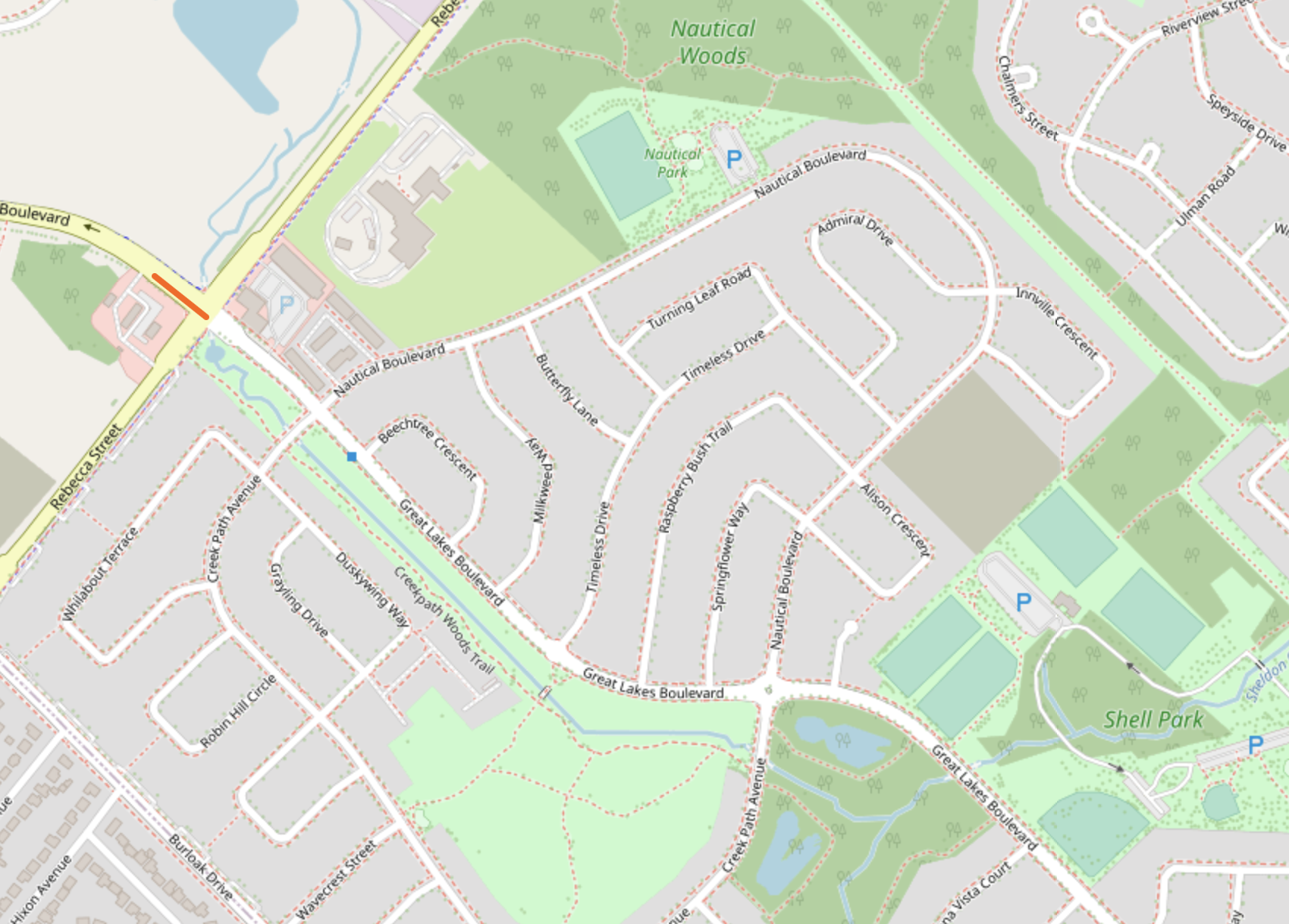 Turning Leaf Road, near Great Lakes Blvd and Rebecca St | Openstreetmap